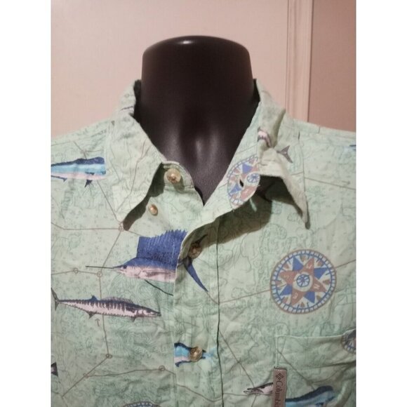 Columbia Mens Fish Graphic Print Green Button Down Short Sleeve Shirt Large L - Picture 7 of 12